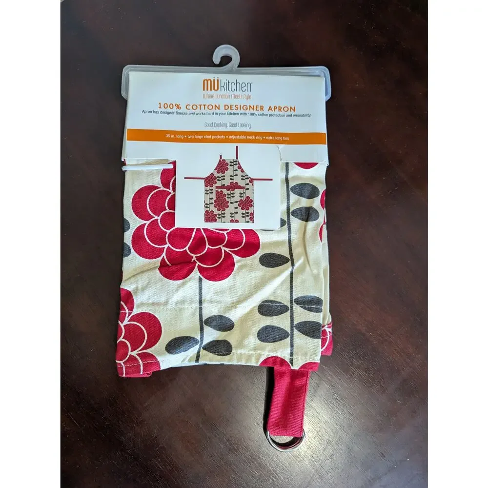 NWT Floral Apron With Large Chef Pockets Adjustable Neck Ring Extra Long Ties